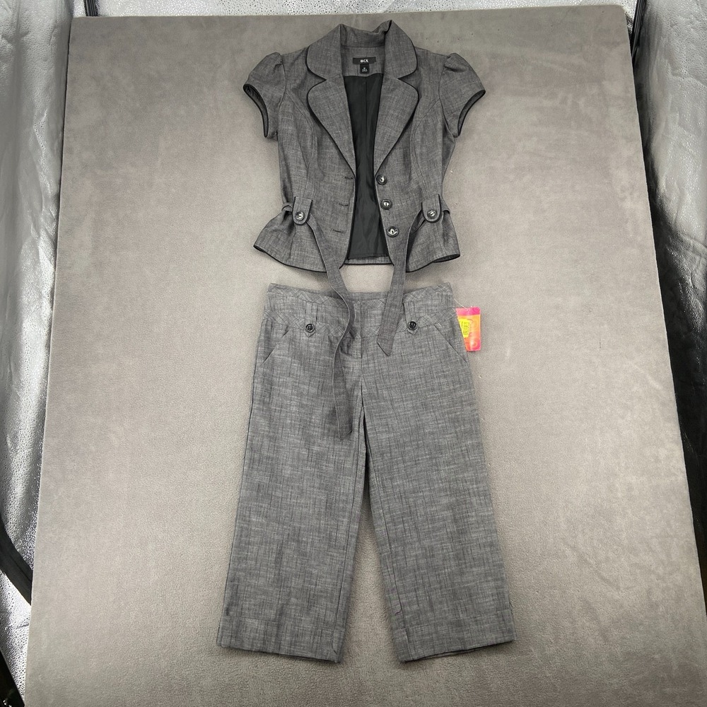 BCX 2 Piece Suit Set Womens Medium Gray Cotton Belted Notch Lapel Formal Office